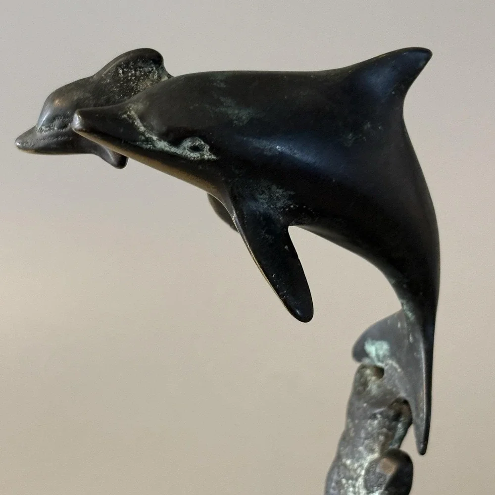Vintage Verdigris Brass Dolphins Statue Verdigris Marble Base 6
